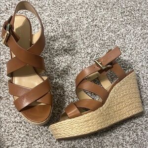Michael Kors Brown Leather Wedge Sandals with Espadrille Heel